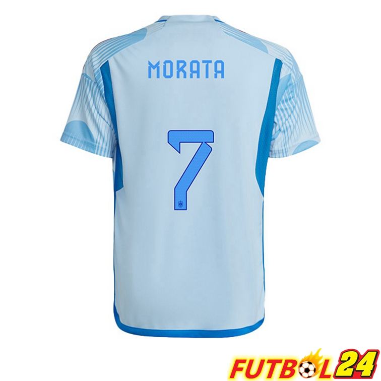 Camisetas De Futbol España (MORATA 7) Segunda Azul Blanco Copa Del Mundo 2022