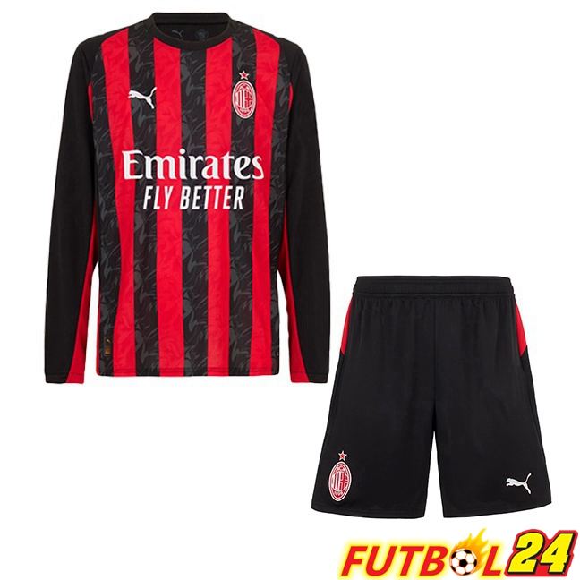 Camisetas De Futbol AC Milan Ninos Primera Manga Larga Rojo Negro 2025/2026