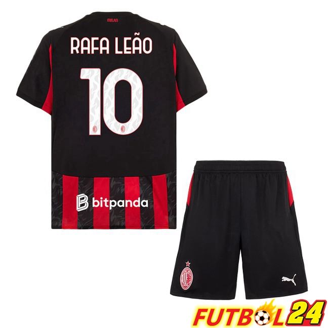 Camisetas De Futbol AC Milan (Rafa Leão 10) Ninos Primera Rojo Negro 2025/2026