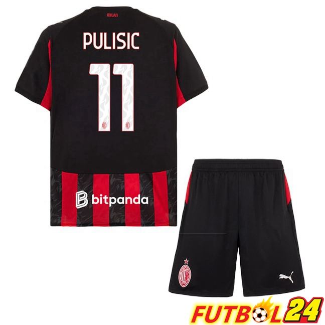 Camisetas De Futbol AC Milan (Pulisic 11) Ninos Primera Rojo Negro 2025/2026