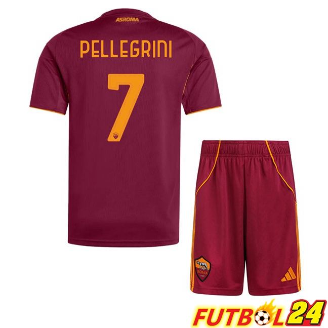 Camisetas De Futbol AS Roma (PELLEGRINI 7) Ninos Primera Rojo 2025/2026