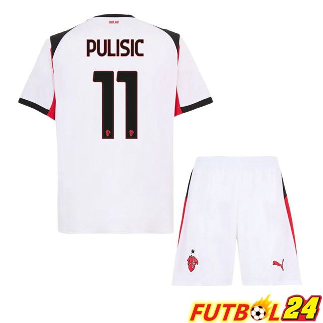 Camisetas De Futbol AC Milan (Pulisic 11) Ninos Segunda Blanco 2025/2026