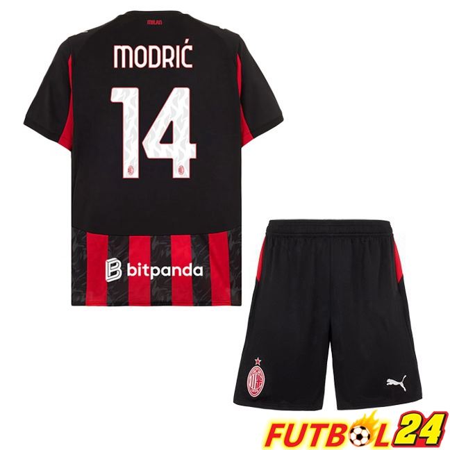 Camisetas De Futbol AC Milan (Modrić 14) Ninos Primera Rojo Negro 2025/2026