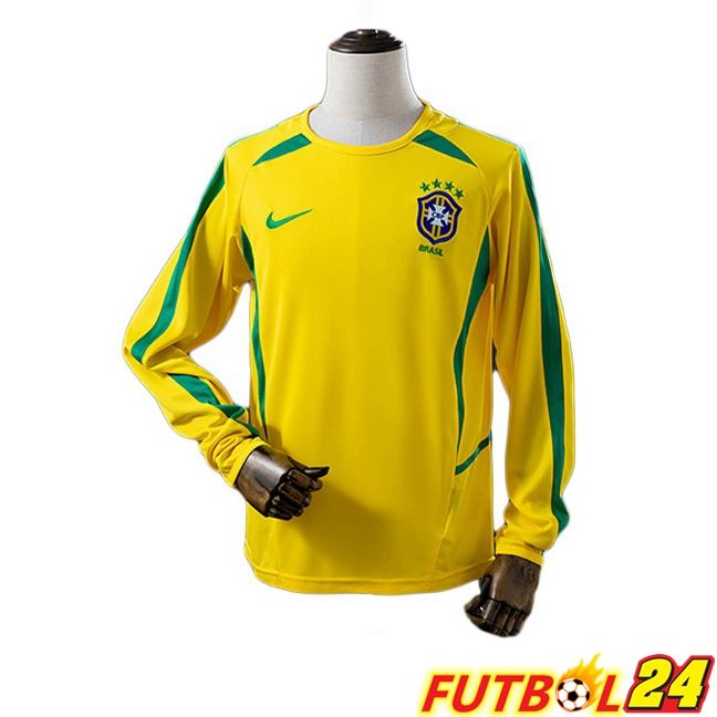 Camisetas De Futbol Brasil Retro Primera Manga Larga Amarillo 2002