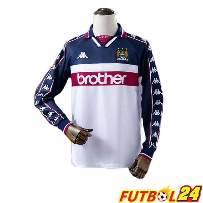 Camiseta Manchester City Retro Segunda Manga Larga Blanco Azul Real 1997-1998