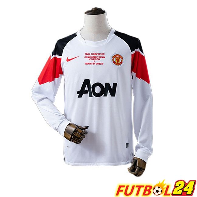 Camiseta Man United Retro Segunda Champions League Manga Larga Blanco 2010-2011