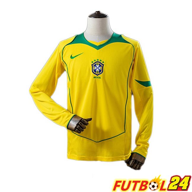 Camisetas De Futbol Brasil Retro Primera Manga Larga Amarillo 2004
